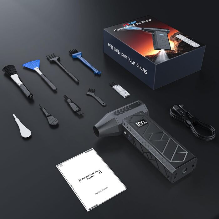 Електричний пилосос-фен, 10000mAh, LCD, міні-фен з ліхтариком для відпочинку на природі, 180000RPM, 4 швидкості, чорний