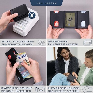 Шкіряний тонкий гаманець VON HEESEN з RFID-захистом, компактний картхолдер для чоловіків та жінок, чорний (гладка шкіра, без монетниці)