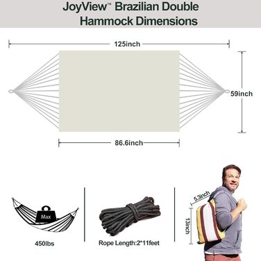 Гамак подвійний бразильський JoyView, бавовна, 220x150 см, білий – для тераси, саду, відпочинку (до 204 кг)