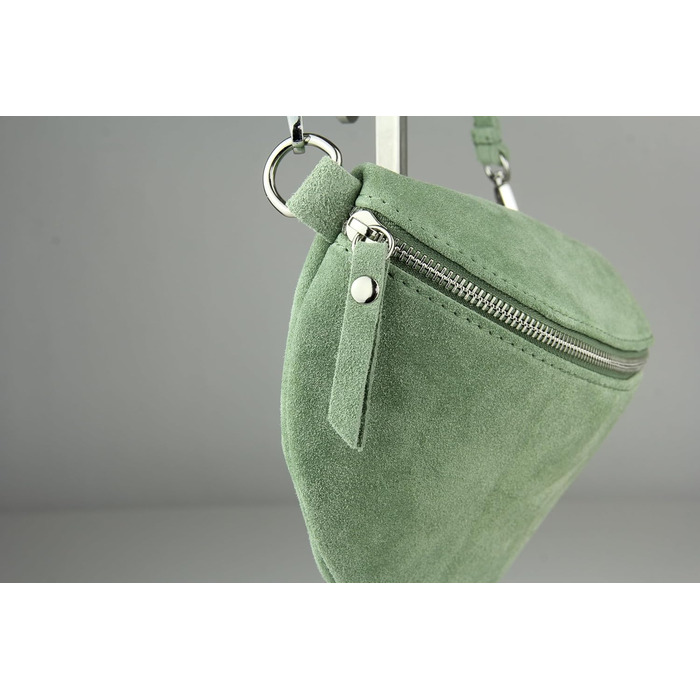 Сумка поясна жіноча Frentree® шкіряна, виготовлена в Італії, крос-боді, через плече, срібний блискавка, велика (Midi срібло бірюза замша)