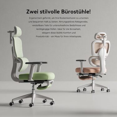 Ергономічне крісло для офісу Musso E600SE з регульованою поперековою підтримкою, 3D-підлокітниками та підголівником, з підніжкою, для жінок, захист спини, зелене