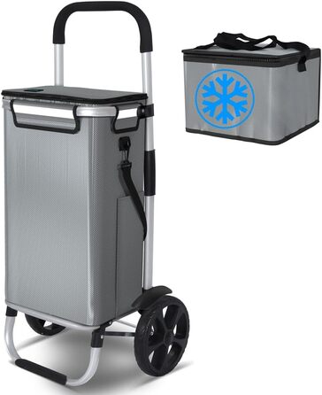 Складний алюмінієвий візок для покупок VOUNOT 50 л, водонепроникна сумка з термовідділенням, 2 великі колеса з захистом, для сходів, сірий