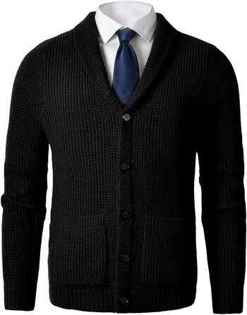 Чоловічий в'язаний кардиган з коміром-шарфом, рельєфний візерунок, ґудзикова застібка, мериносова вовна, 6XL, чорний