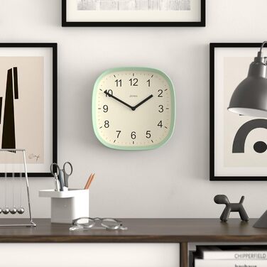 JONES CLOCKS Square Retro Wall Clock made of high-quality acrylic, 'Sprite' in Mint Green, 25 x 25 x 5 cm