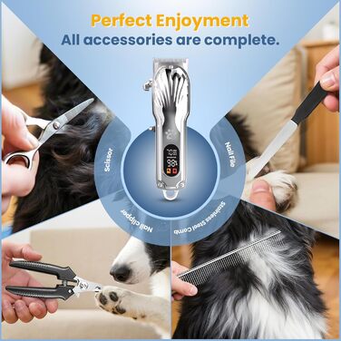 Професійна машинка для стрижки собак з товстим хутром, бездротова LED-машинка для грумінгу собак, тиха, акумуляторна, з набором для догляду за кігтями (срібна)