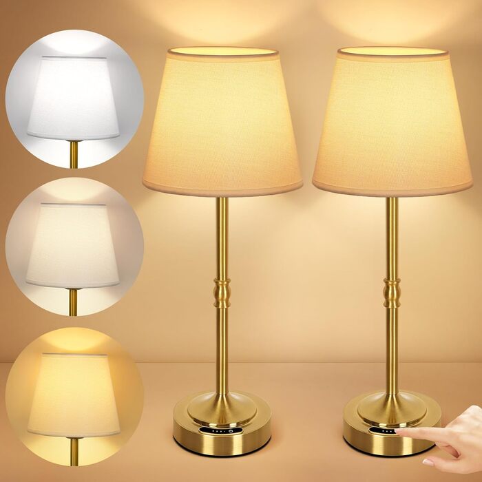 OUTON Настільна лампа 2 шт. Бездротова, диммер, 3 кольори світла, 4000mAh, USB-C, 60 годин роботи, акумуляторна, золота для спальні, вітальні, їдальні