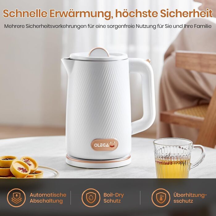 Електричний чайник OLEGA 1.8л, 1800 Вт, з нержавіючої сталі 304, BPA-free, з автовимкненням та захистом від перегріву (Білий)