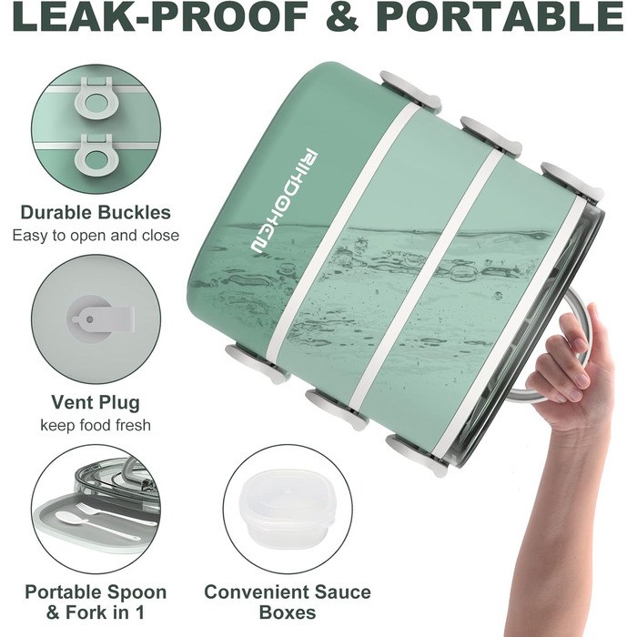 RIKDOKEN Ланчбокс 3-ярусний, 2.7л, з ложкою та виделкою, для дітей та дорослих, зелений