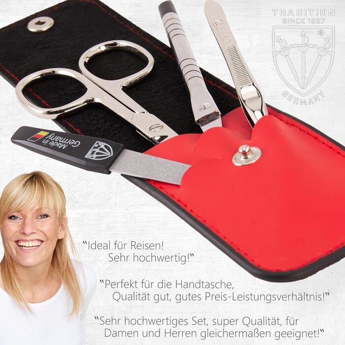 Набір для манікюру та педикюру 'Modena' від DREI SCHWERTER | 4-х частинний набір у шкіряному футлярі, виготовлений у Німеччині. Колір: Червоний. Вміст: ножиці для нігтів, пінцет, алмазна пилка для нігтів та лопатка для видалення кутикули