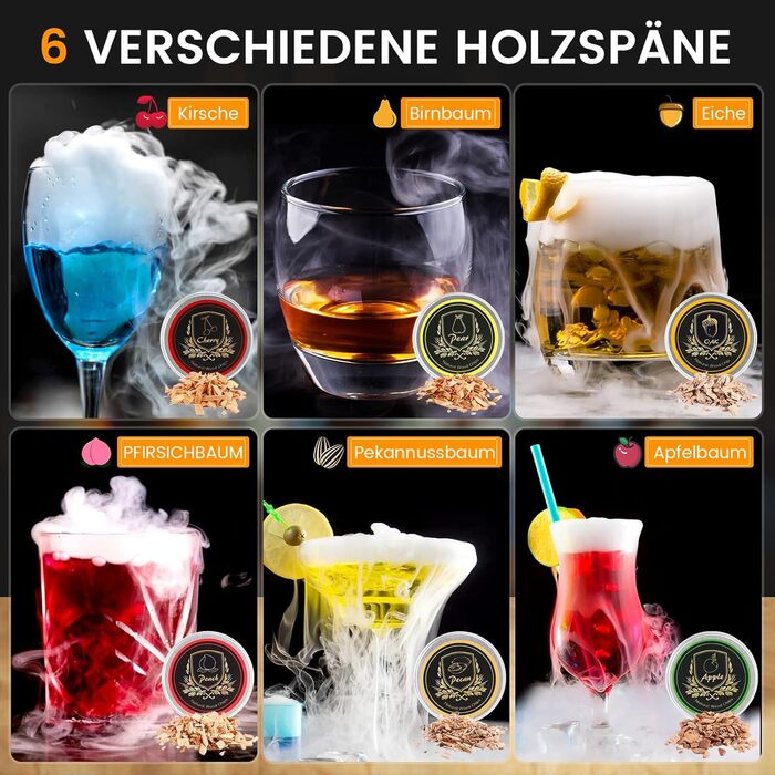 Набір для копчення коктейлів віскі з пальником, 6 смаків дерев'яної стружки, 2 склянки, 2 форми для кубиків льоду, набір для приготування бурбон Old Fashioned, подарунок для чоловіків, батьків, коханих (без пальника Butan)