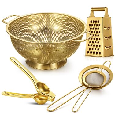 Sawysine Gold Кухонний набір преміум класу: сито золотого кольору, 2 сита, прес для лимонів, 4-стороння терка з нержавіючої сталі (5 літрів)