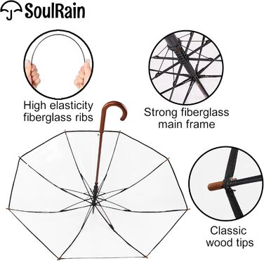SoulRain Парасолька з класичною дерев'яною ручкою, автоматичне відкриття, вітростійка, прозора, незламна, 121.9 см