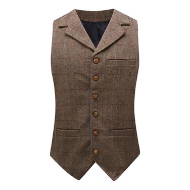 Жилет чоловічий в клітинку 'Риб'яча кістка' – костюмний жилет, коричневий (L)