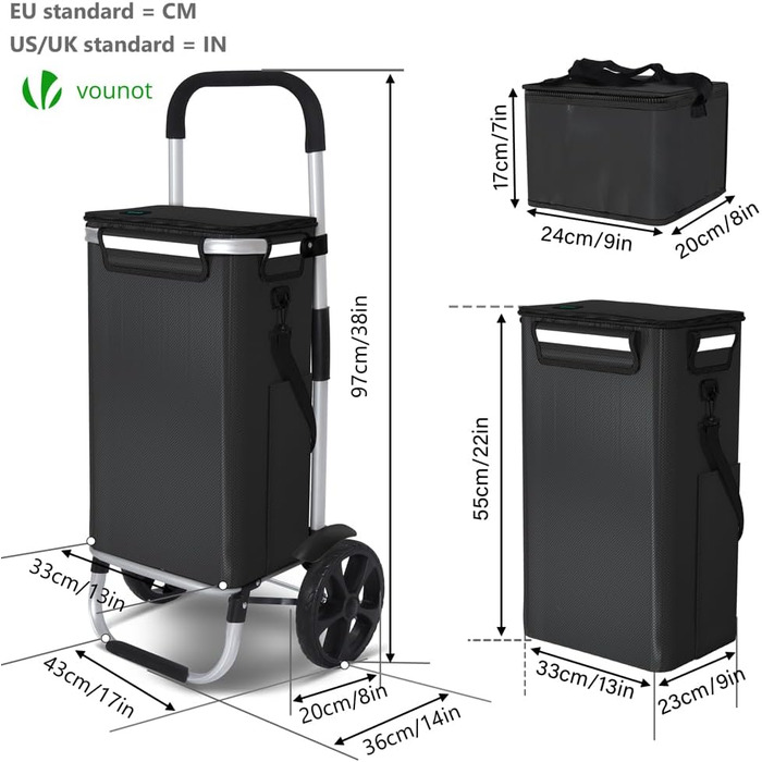 Складна господарська сумка-візок VOUNOT 50 л з алюмінію, водонепроникна з термовідділенням, великі колеса з бризковиками, чорна