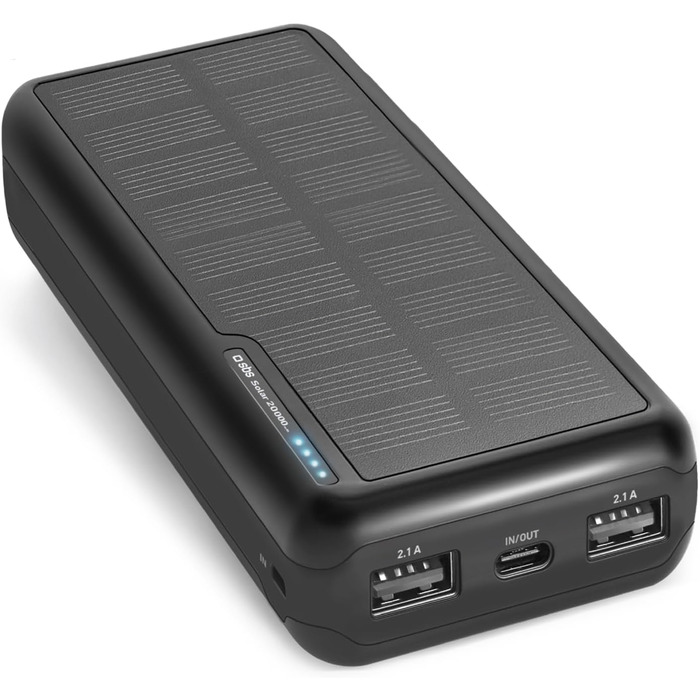 Powerbank SBS Solar 20000mAh з сонячною панеллю, швидкою зарядкою, LED-індикатором, USB-C, USB-A, чорний