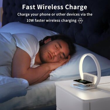 Нічна лампа RETEYUNG з бездротовою зарядкою 10W, 2 будильники, денний світловий будильник, 10 заспокійливих звуків, сенсорне регулювання яскравості (3 рівні), стиль арт-деко
