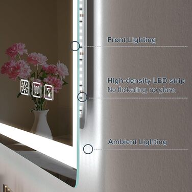 Дзеркало для ванної кімнати S'bagno з підсвічуванням 100x70 см, LED, з полицею, протитуманне покриття, регулювання кольору (3000K/4000K/6500K), диммування, HD-загартоване скло, IP44, горизонтальне/вертикальне встановлення, Bluetooth, годинник