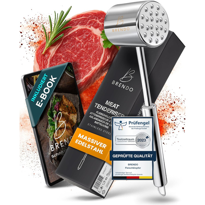 Преміум Fleischklopfer від Brendo: м'ясорубка з масивного нержавіючої сталі, двостороння, з плоскою та зубчастою поверхнею для будь-якого м'яса, + E-Book рецептів, придатна для миття в посудомийній машині, шніцельниця