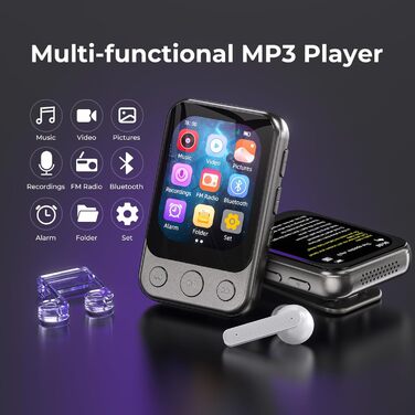MP3-плеєр 64GB Bluetooth 5.3 з кліпсою та динаміком, спортивний музичний плеєр з сенсорним екраном та кнопками, регулятор гучності, FM-радіо, запис голосу, розширюється до 128GB, чорно-коричневий