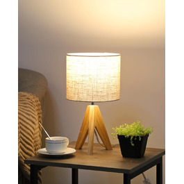 Настільна лампа EDISHINE з дерева, Е27, вінтажний стиль, бежевий абажур з льону, для спальні та вітальні