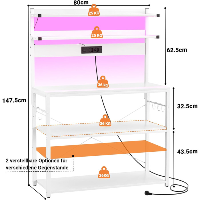 Кухонна полиця-стійка з розеткою, підставка для мікрохвильовки, 5-рівнева кавобара з LED-підсвічуванням, 80 см, білий колір