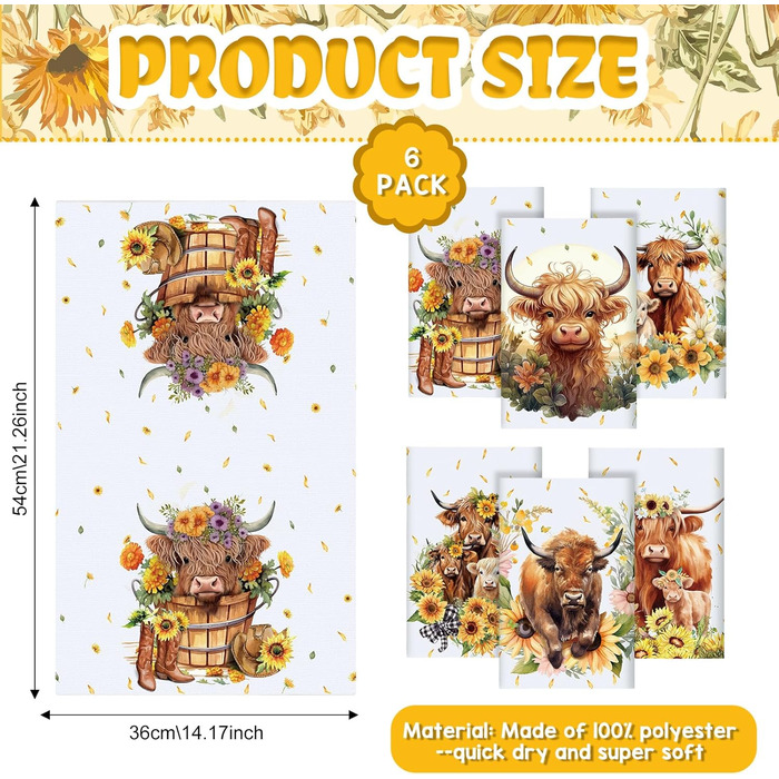 Redbaker Dishcloths with Highland Cow Design, Absorbent, Farm Cow, Watercolor Floral Pattern, Sunflower Towels, Housewarming Gift for Farmhouse, Kitchen, 6 Pieces