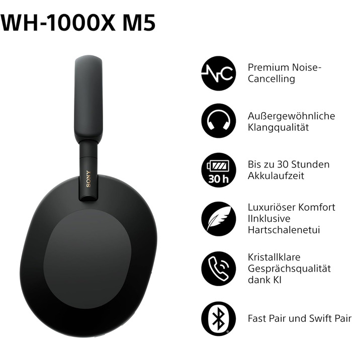 Навушники Sony WH-1000XM5 з шумозаглушенням, Bluetooth, чорні - преміум якість, Hi-Res Audio, до 30 год роботи, з кейсом