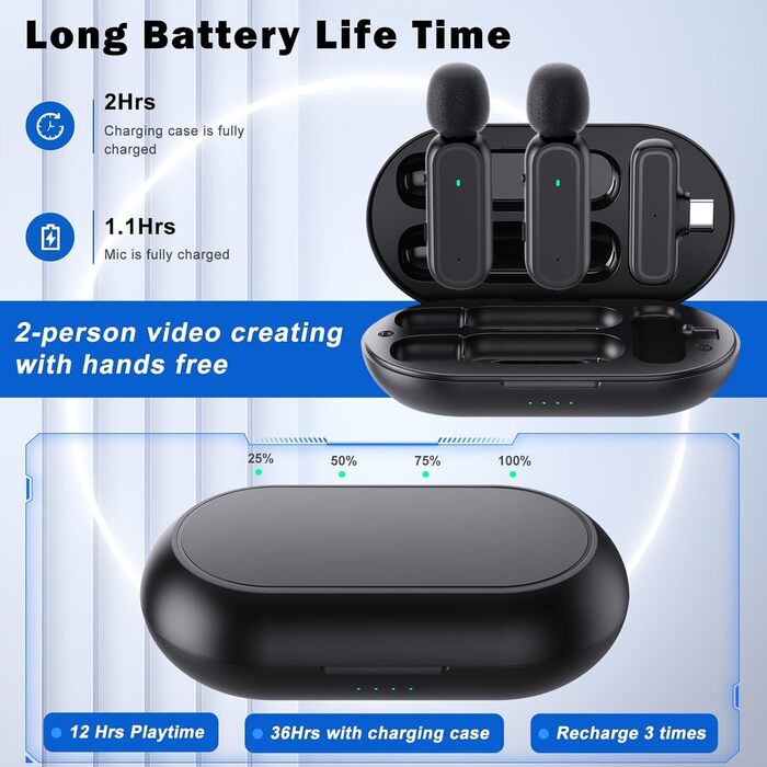 Мікрофон-лапка бездротовий для iPhone/Android з кейсом для зарядки та акумулятором 42год, з шумозаглушенням, для подкастів, TikTok, YouTube, стрімінгу, міні-мікрофон