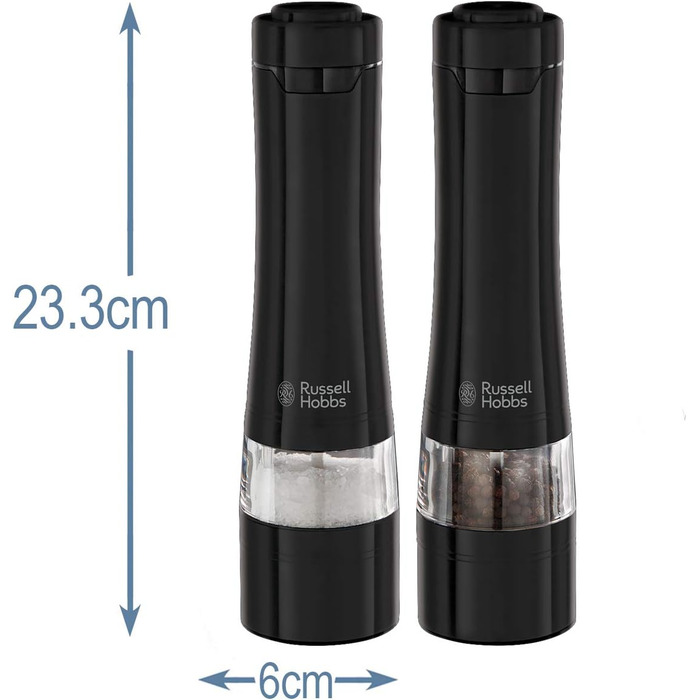 Електричні млини для солі та перцю Russell Hobbs 28010-56, керамічний механізм, чорні, набір 2 шт, для спецій і трав, регульований помел, LED підсвітка