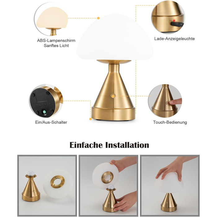 Бездротова настільна лампа-грибок, акумуляторна, з сенсорним регулюванням яскравості, мініатюрна золота атмосфера для спальні, їдальні, патіо, ванної кімнати
