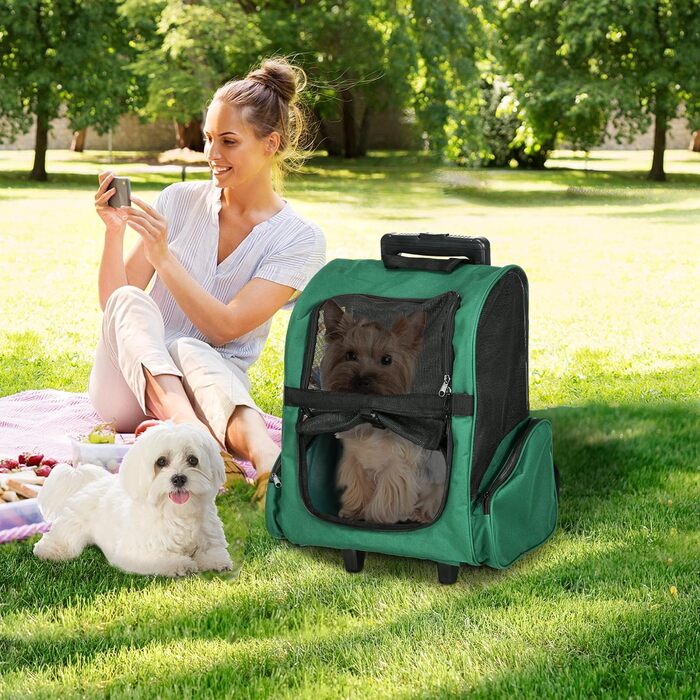 PawHut Рюкзак-переноска для собак та котів 2-в-1 з кишенями, телескопічною ручкою та колесами, 42 x 25 x 55 см, Зелений