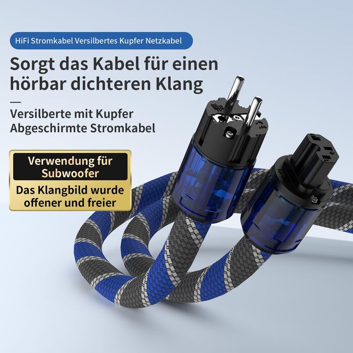 Hi-Fi мережевий кабель Tertullus High End C15 для аудіотехніки, Schuko — C15, 2м, синьо-сірий (P037)