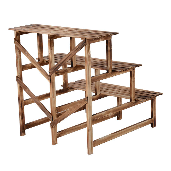 Outsunny Plant Ladder Flower Shelf 3-Tier Pine Wood 80 x 80 x 78cm for Garden Balcony & Terrace