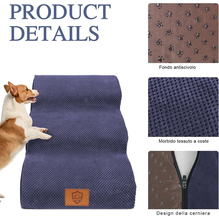 Masthome Dog Stairs for Small Dogs, 4 Steps Pet Stairs with Washable Cover, 52cm High Cat Stairs for High Beds, Dog Ramp Ladder, Removable, Black (3 Step Dog Stairs - Blue)