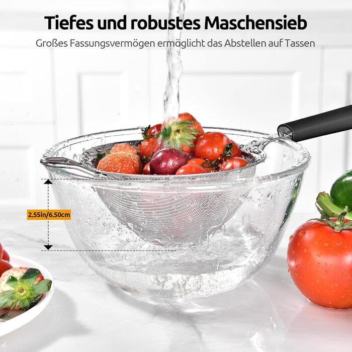 U-Taste Fine Mesh Sieve: Kitchen sieve made of 18/8 stainless steel, medium-sized metal sieve with a riveted, stable silicone handle for sifting flour, draining tea, rice, quinoa (Black, 12 cm)