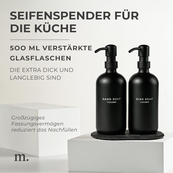 MaisoNovo Soap Dispenser Set - Soap Dispenser Kitchen - 500 ml Amber Bottles, Black Pumps, Glass Pump Dispenser, Soap Dispenser Set, 2-Piece Set and Concrete Tray - Dish Soap Dispenser Kitchen (Black Glass / Black Pump + Slate Tray)