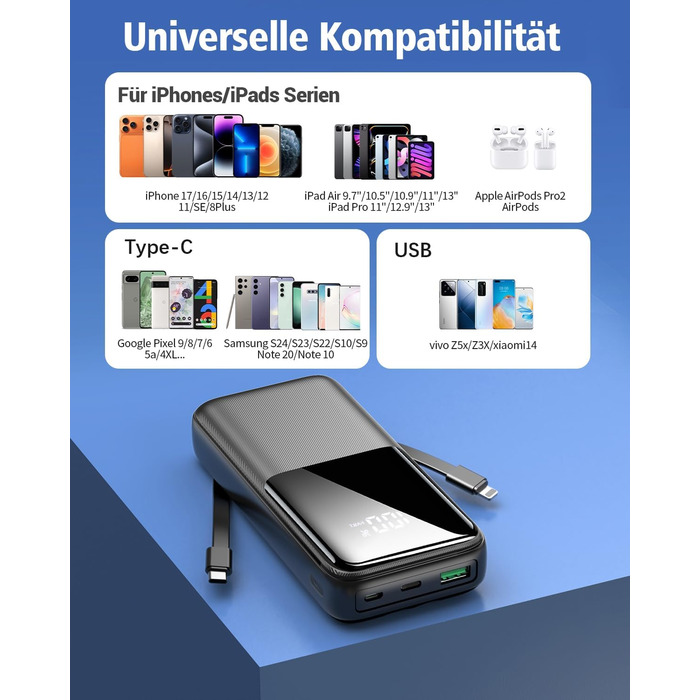 Power Bank 26800mAh, 22,5W з 3 портами USB та 2 вбудованими кабелями, чорний. Сумісний з iPhone та Android