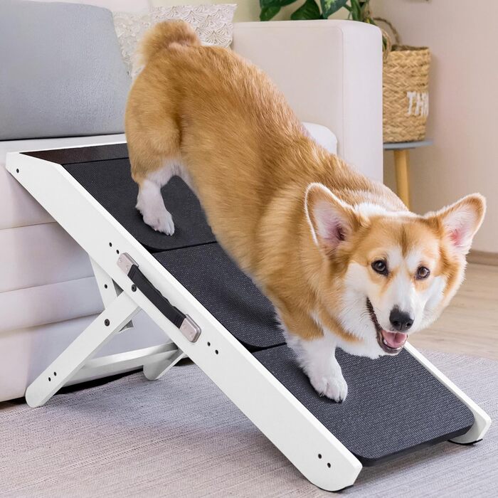 Сходинка для собак на ліжко та диван 2-в-1 - регульована пандус для собак, 18-50 см - для маленьких собак, легка у переміщенні, з платформою, натуральне дерево (білий дуб)