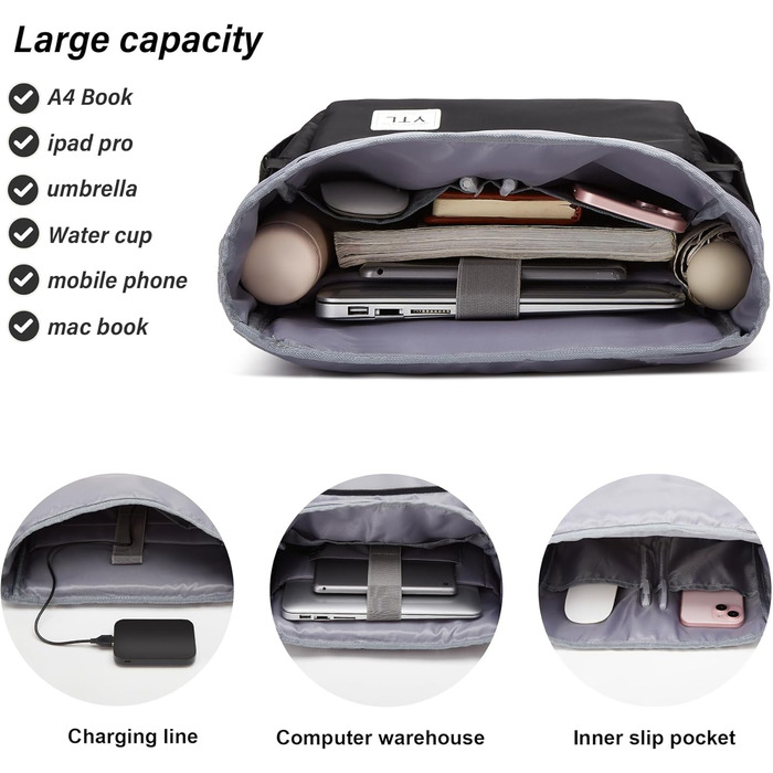 Чорний водонепроникний рюкзак YTL Rolltop з відділенням для ноутбука 17 дюймів. Ідеальний для подорожей, школи, університету та велоспорту.