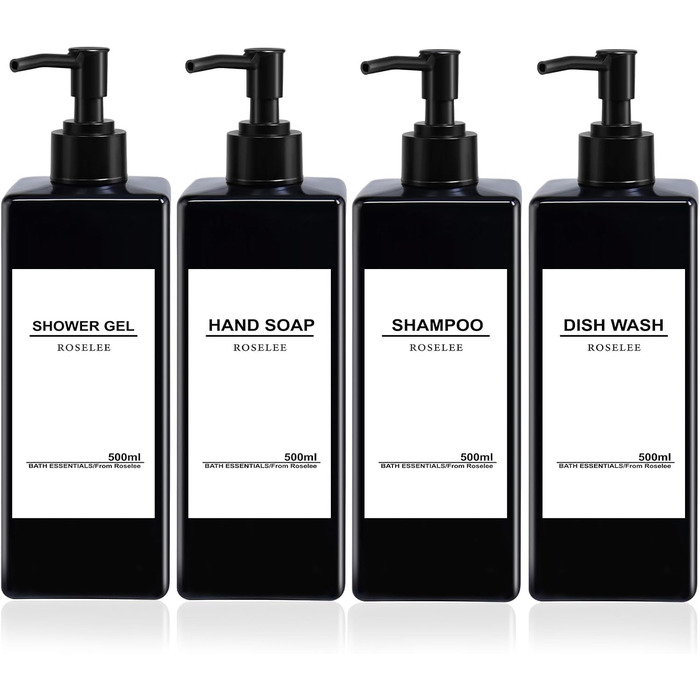 Набір дозаторів для мила Roselee (4 шт.), 500 мл, чорний. Дозатори для душу, шампуню, мила. Пластикові дозатори з воронкою та вологостійкими етикетками для кухні, ванної кімнати.