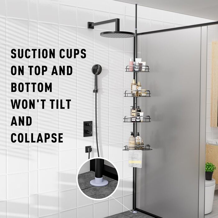 Тeleskopна поличка для душу Uamector - кутова поличка з 4 кошиками, регульована висота 107-306 см, чорний колір