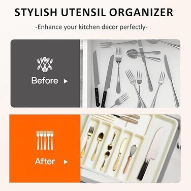 Органайзер для столових приборів ZHUlYIWIN в шухляду, розсувний, з тримачами для ножів, білий пластик
