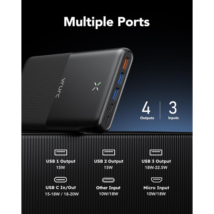 Power Bank VRURC 30000mAh 22.5W з 4 виходами та 3 входами: зарядний пристрій для iPhone, Huawei, планшетів (чорний)