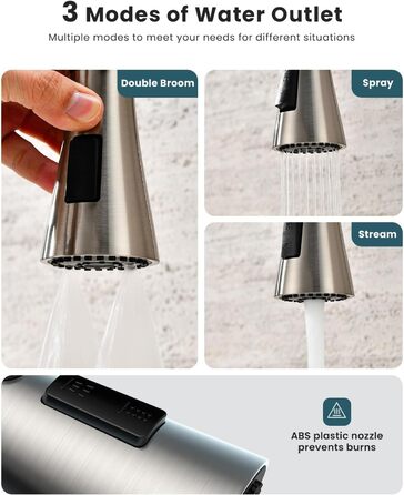 Змішувач кухонний настінний DAYONE з висувною лійкою, нержавіюча сталь, 3 режими, 360° обертання, відстань між отворами 15 см, матовий