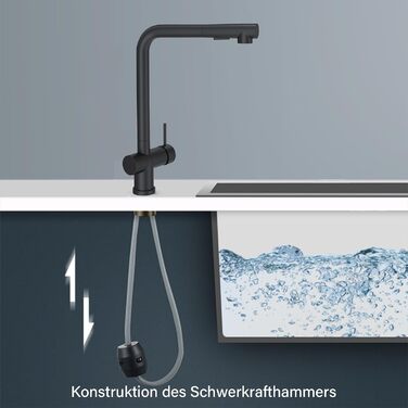 Змішувач для кухні Rozin, чорний матовий, високого тиску, з висувною лійкою 360°, 2 режими, для мийки, з донним клапаном (Orb)