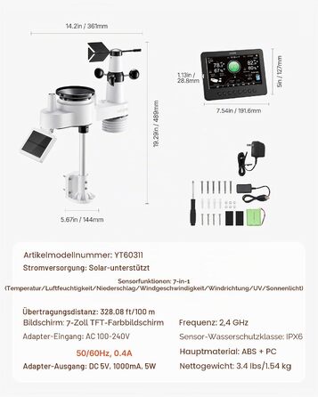 Метеостанція VEVOR Profi 7-в-1 WiFi з сонячною панеллю, 7.5