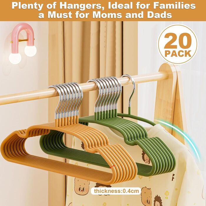 Набір вішалок для дитячого одягу 20 шт., 29 см – нержавіюча сталь, антикорозійні, водонепроникні та неслизькі, спеціально для дитячого одягу – кольори авокадо та помаранчевий