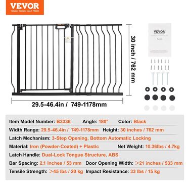 Захист для дітей та домашніх тварин VEVOR: регульовані ворота-загородження для безпеки на сходах та дверях (750-), чорного кольору, ширина 29.5-46.4 дюйми, висота 30 дюймів