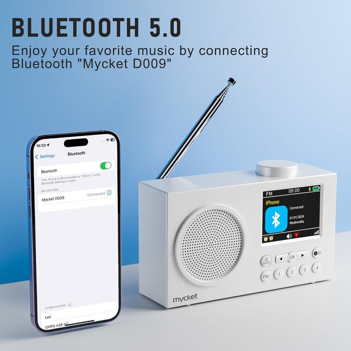 Портативне DAB/DAB+ радіо з цифровим радіо UKW, FM, Bluetooth 5.0, подвійний будильник, 40 попередніх станцій, 2.4' кольоровий дисплей