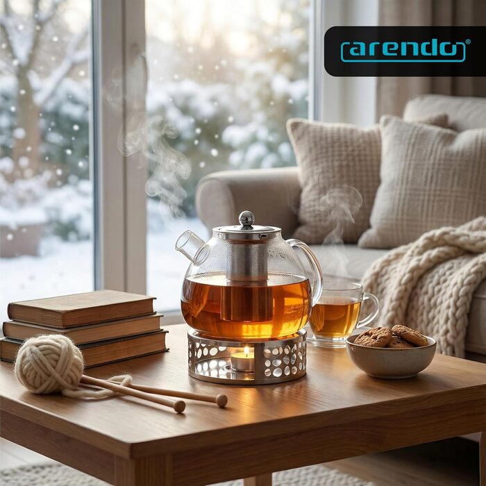 Скляний чайник Arendo з підставкою для підігріву та ситом, 1500 мл, термостійке боросилікатне скло, для листового, трав'яного та фруктового чаю